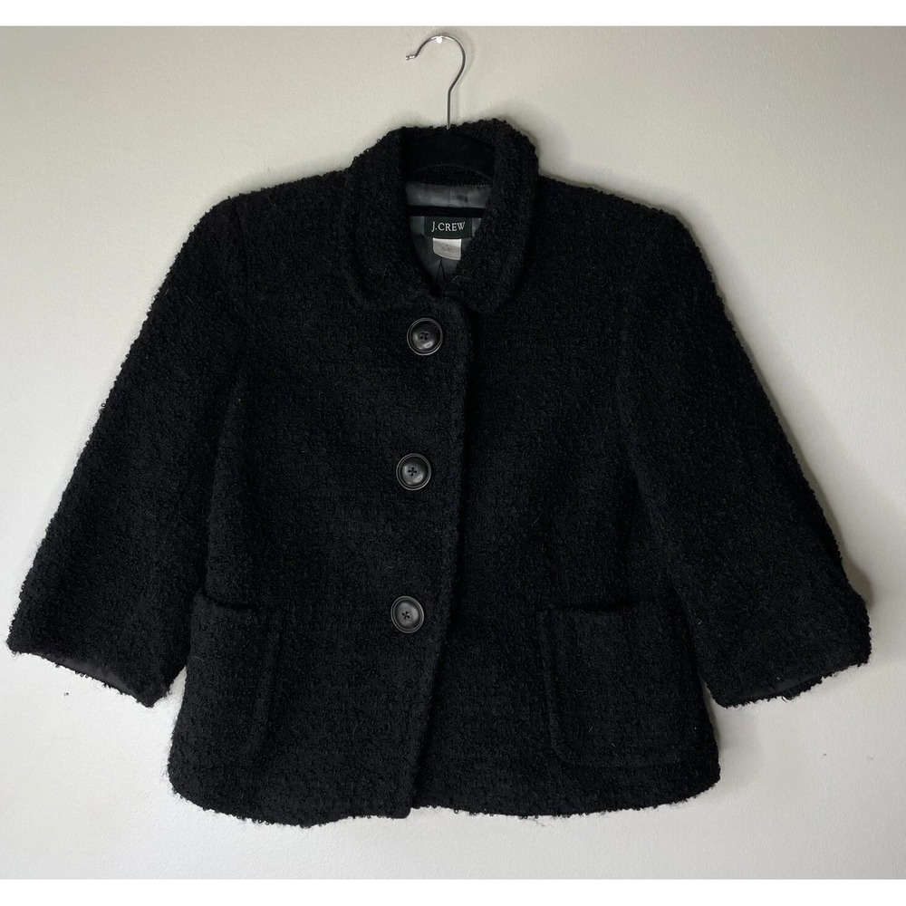 J.Crew Jacket Womens 6 Black Wool Boucle 3/4 Sleeve Collared Professional Chic